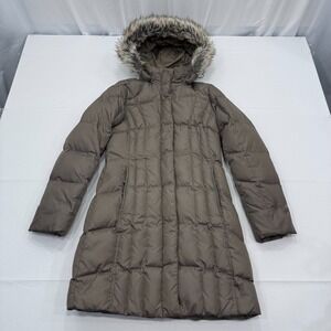 Eddie Bauer Down Puffer Jacket‎ Womens PXS Brown Insulated Fur Trim Hooded Parka